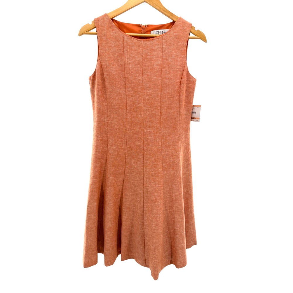 Kasper Women Papaya Orange‎ Linen Blend Sleeveless Fit & Flare Dress 2P New Work